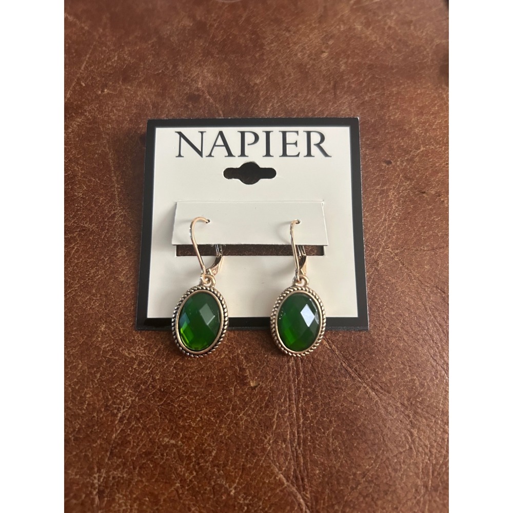 Napier Gold Tone Oval Faceted Green Glass Stone Leverback Drop Earrings